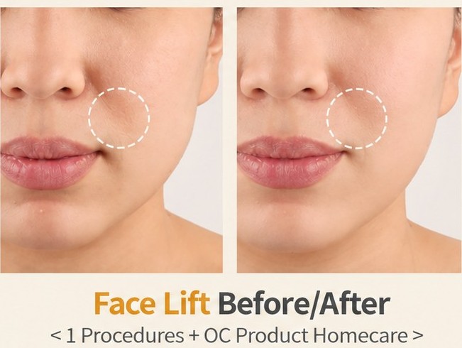 Before and after, jawline contour, after one session with home care